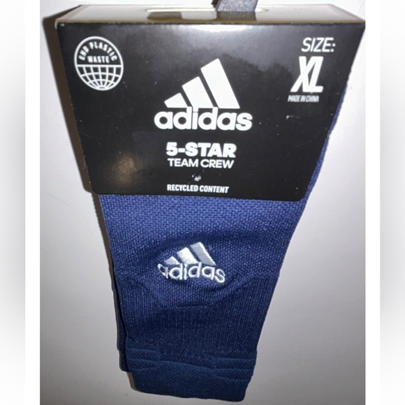 Adidas 5 Star Team Crew Socks 1 Pair Men 12-16 Navy w White Logo Cushioned NEW! - Picture 10 of 10